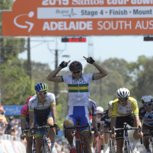 Jack Bobridge wearing the Ochre leaders jersey last year at the Tour Down Under. Photo by Sirotti.